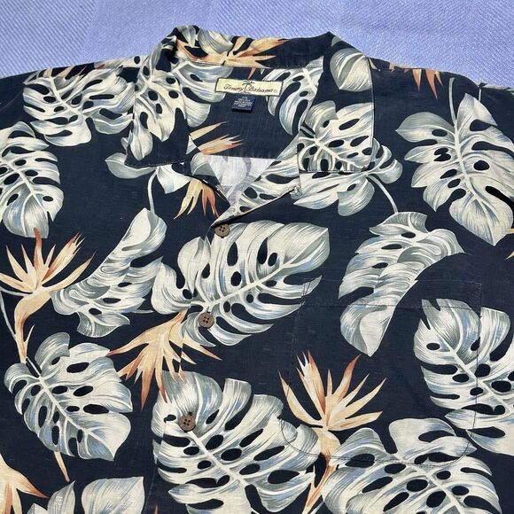 Tommy Bahama Black Floral Leaf 100% Silk Button‎ Loop Collar Hawaiian Shirt 2XL - Picture 1 of 14